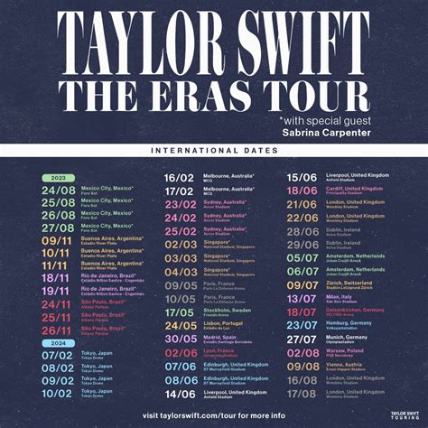 Jun 20, 2023 · Visit Taylor Swift’s official website for more information. Taylor Swift’s 2024 Eras Tour Dates: 02-07 Tokyo, Japan – Tokyo Dome. 02-08 Tokyo, Japan – Tokyo Dome. 02-09 Tokyo, Japan ... 